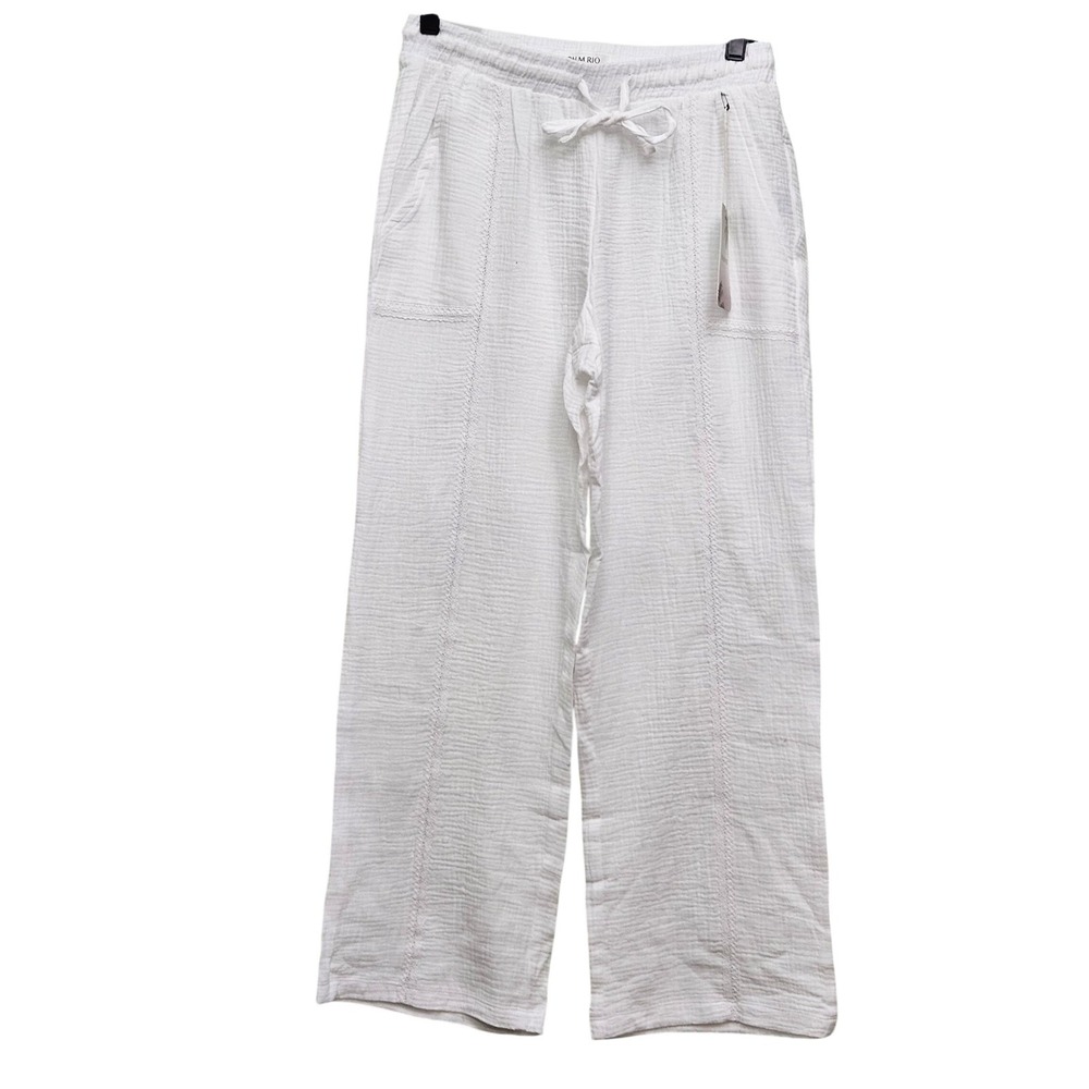 Palm Rio Gauze Pants Womens M White Wide Leg Crochet Trim Cotton Beach Boho